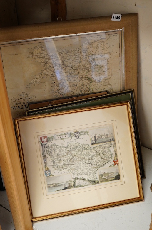 Five 19th century and later maps to include Kent and Northumberland and an 18th century bookplate, Handel, published 1794